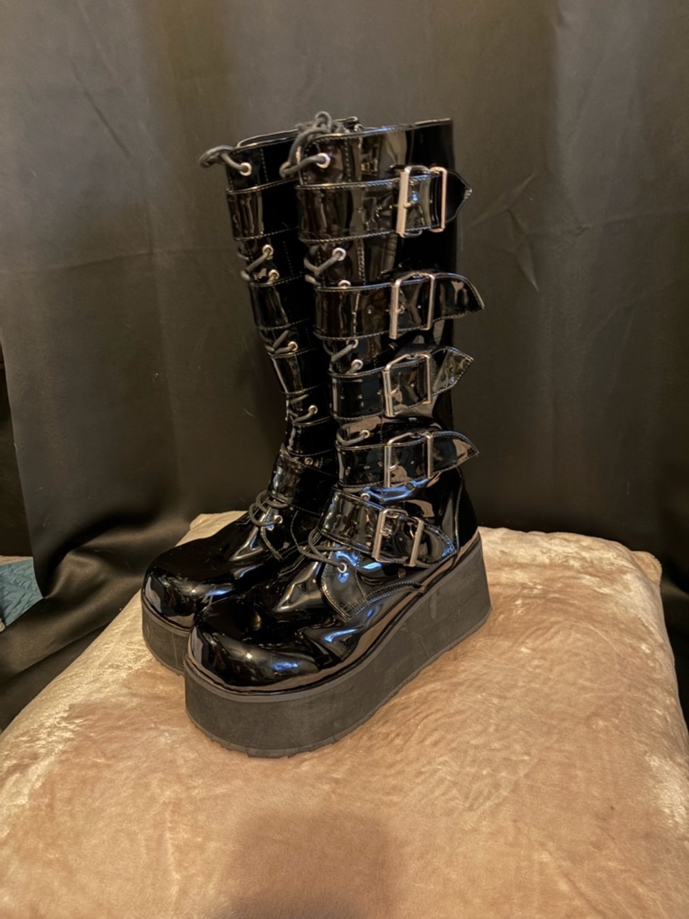 Demonia Trashville-518 Knee-High Platform Boots – Black Patent (W13 / M11.5)